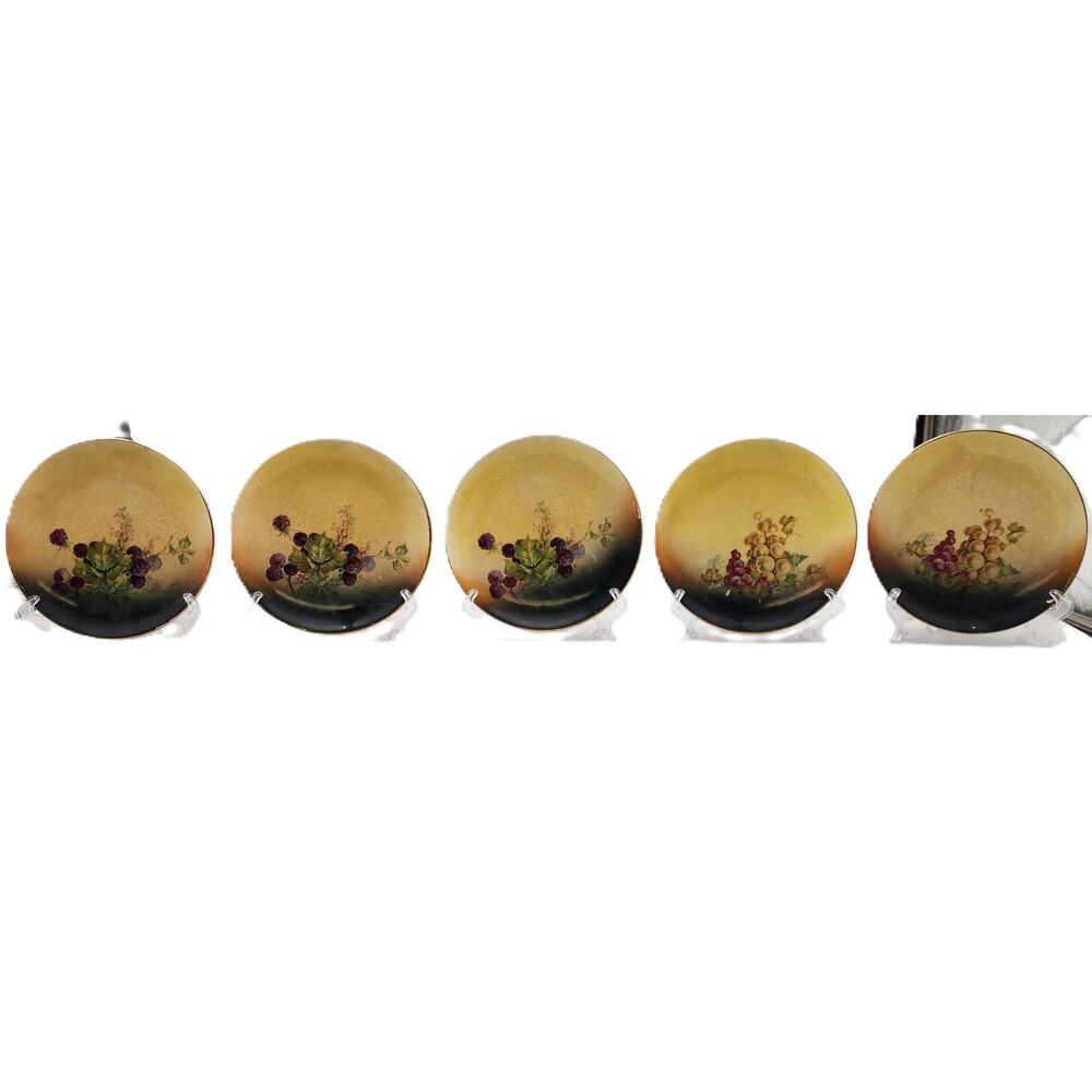 Set of 5 Vintage Hand-Painted Fruit Plates Grapes & Berries 6.5" Gold Trim Glaze